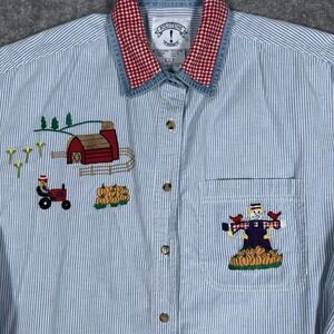 Vintage Solutions Shirt Women's Large Blue Striped Long Sleeve Pumpkin Fall Farm